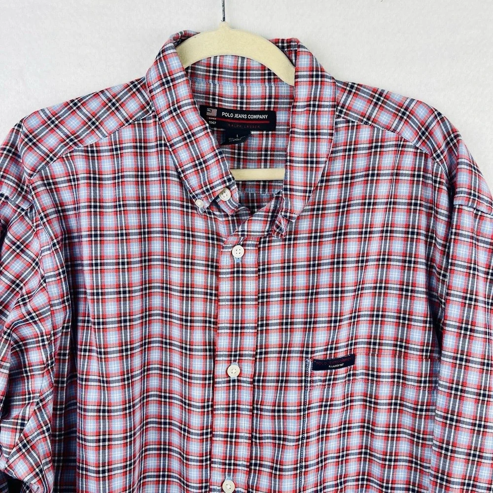 Polo Jeans Ralph Lauren Men's Shirt Large Red‎ Blue White Plaid Button Up Pony